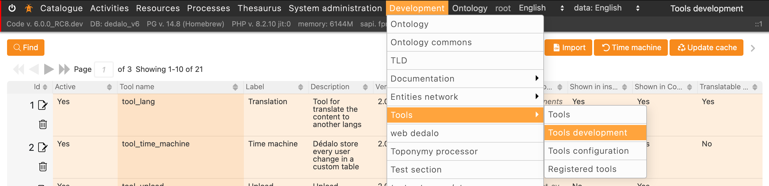 Tools development menu