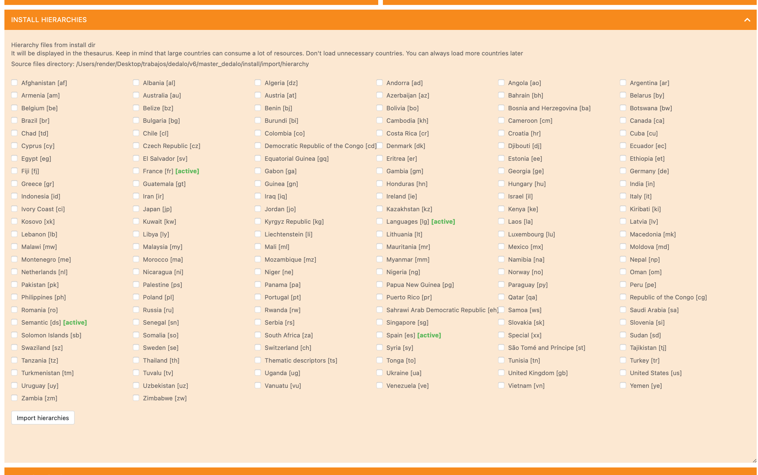 Import toponymy control panel