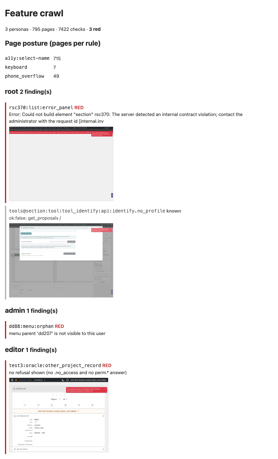 Feature crawl HTML report: summary line, pages per posture rule, then findings grouped by persona, each with a red or grey bar, its detail and a screenshot