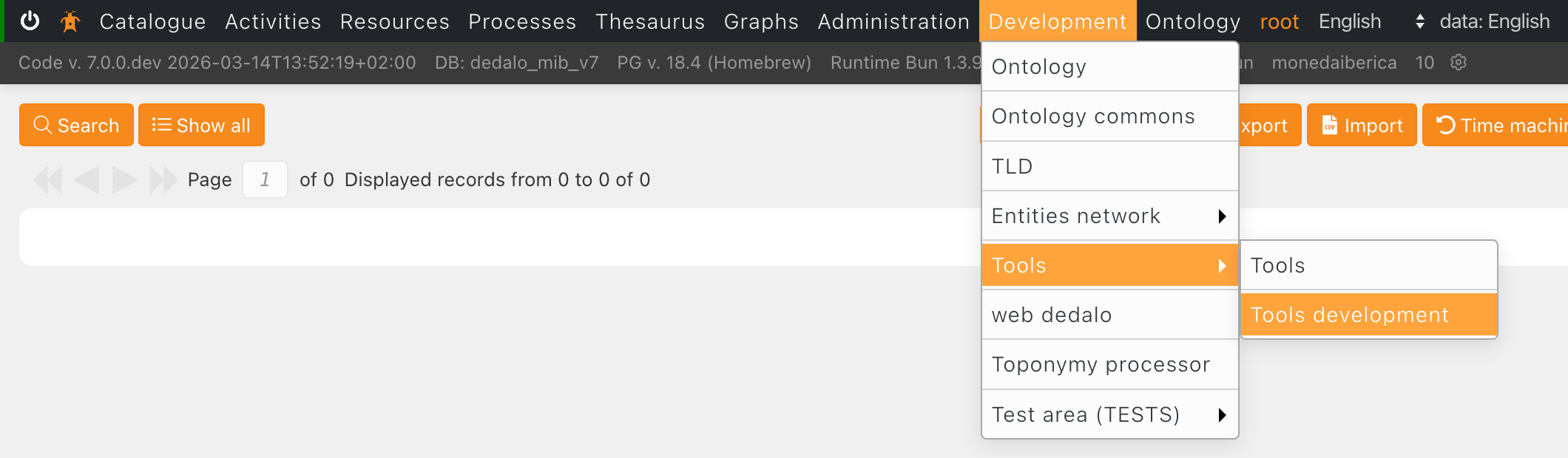 Tools development menu