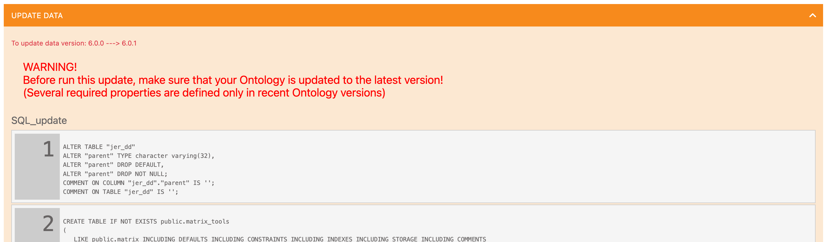 Updating data control panel